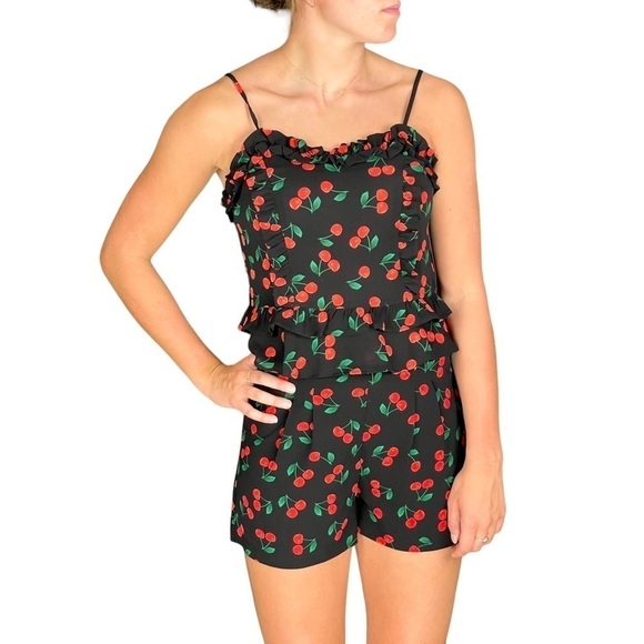 ANTHROPOLOGIE FREE GENERATION CHERRY RUFFLE PEPLUM CAMI HIGH WAISTED SHORT SET - Picture 1 of 16